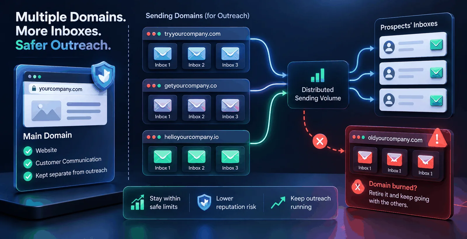 3D infographic showing multiple domains and inboxes distributing outreach with domain failover.