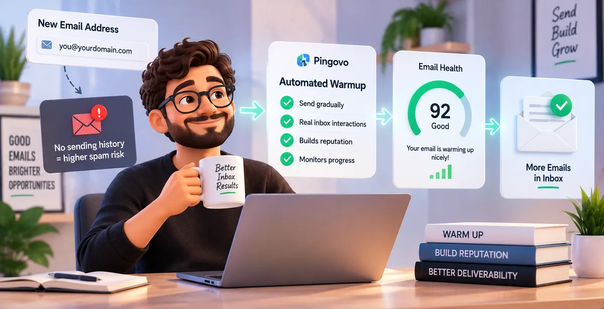 Email Warmup for Better Deliverability 3D email warmup workflow showing gradual sending, health monitoring, and better inbox delivery.