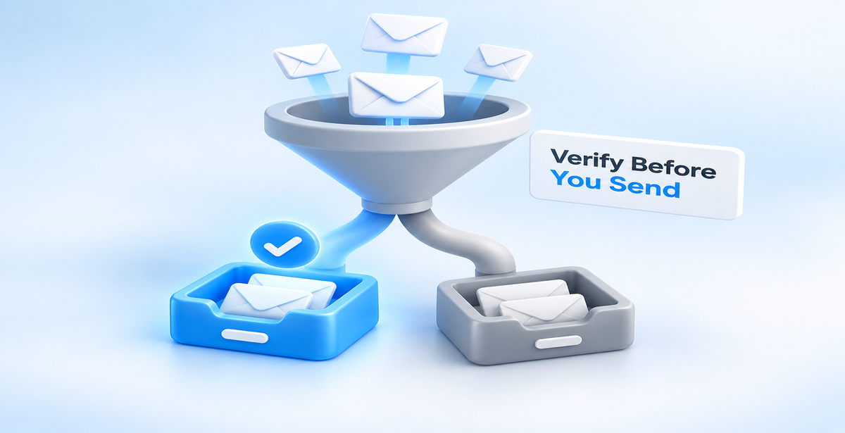 Verify Before You Send – Email Verification 3D email verification funnel sorting messages into verified and unverified inbox trays.