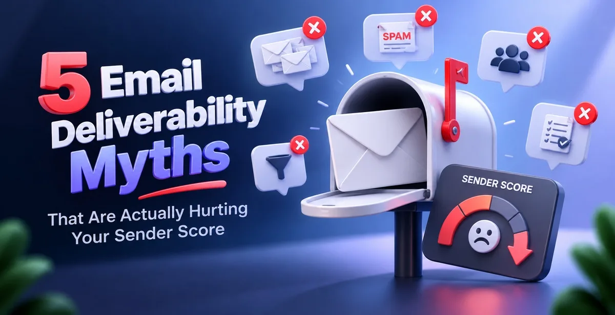 5 email deliverability myths with a mailbox, warning icons, and a declining sender score gauge