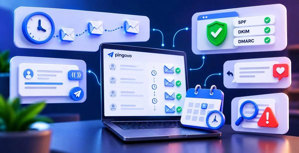 3D illustration of email scheduling, authentication, personalization, and blacklist monitoring.