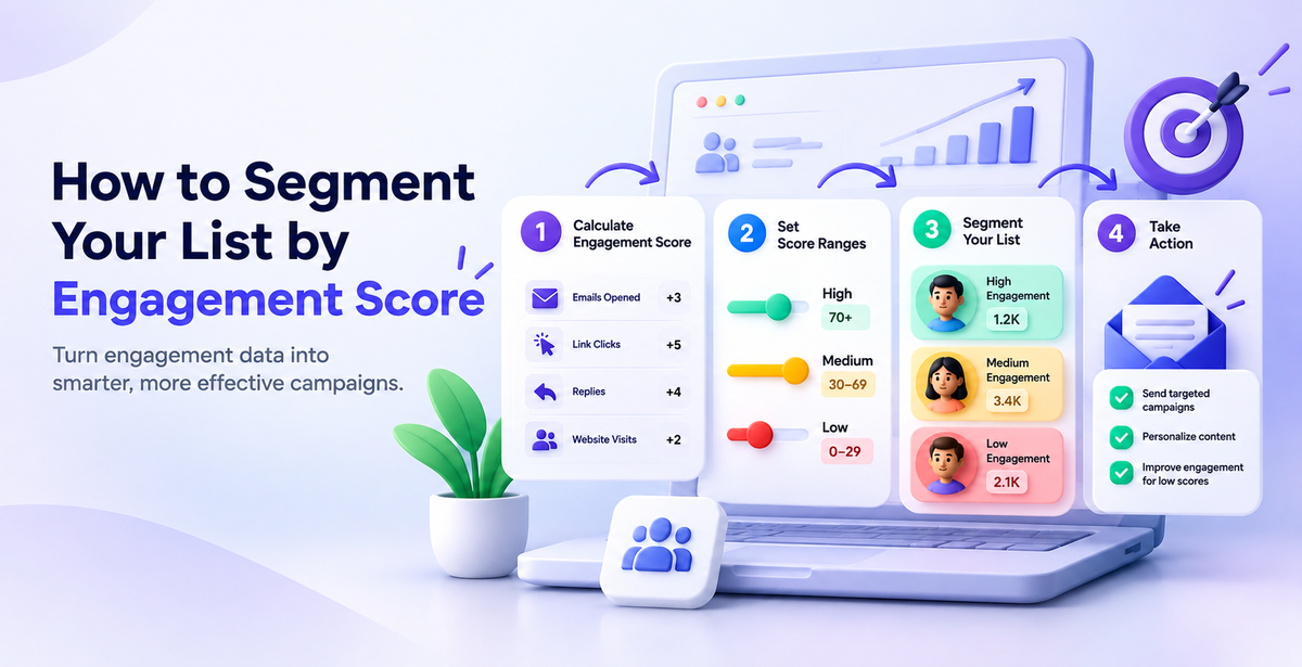 3D infographic showing four steps to segment a contact list by engagement score: calculate, set ranges, segment, and act.