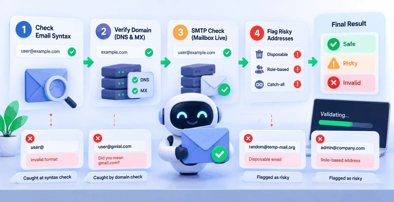3D workflow showing email syntax, DNS, SMTP, and risk checks for safe validation.